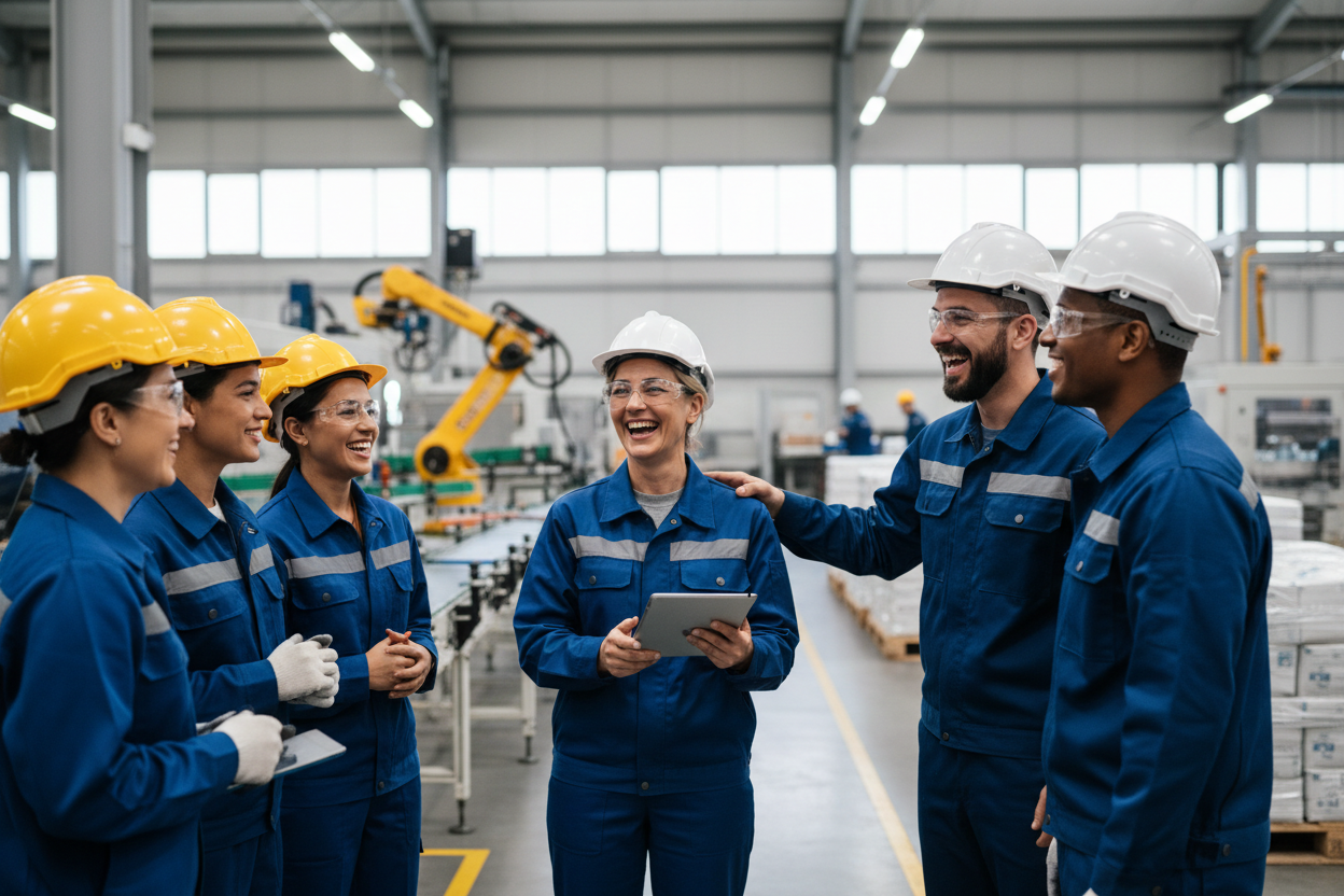 Un grupo de seis trabajadores de la industria con cascos y uniformes azules conversan y ríen juntos en el interior de una fábrica.