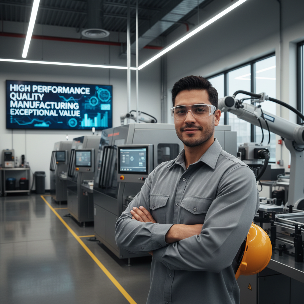 Un técnico con gafas de seguridad y camisa gris cruza los brazos sonriendo en una planta de manufactura automatizada.