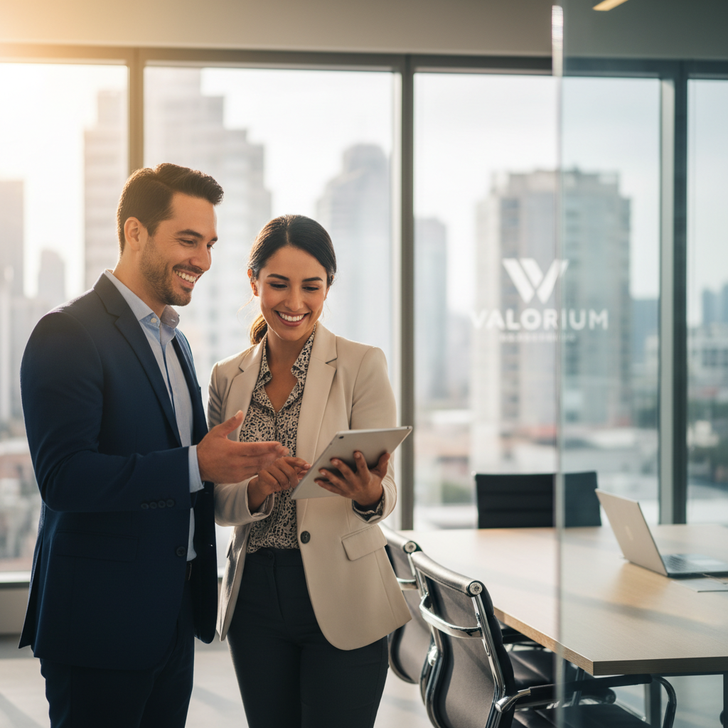 Dos profesionales de negocios revisan una tableta digital mientras sonríen en una moderna oficina con ventanales altos.