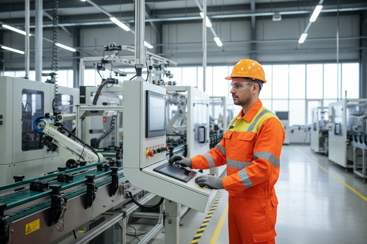 Un operador con casco naranja y uniforme de seguridad opera una máquina en una fábrica moderna.